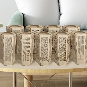 木製の六角形のテーブルランプ svg 9 レーザーカット ファイル Glowforge キャンドルホルダー バンドル svg cricut テーブルランプ モダン ランタン dxf cnc ベクトル パターン