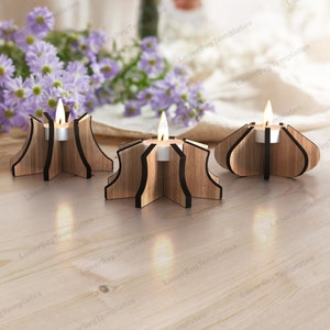 木製キャンドルスティック 3 バンドル レーザーカット SVG ファイル Glowforge 木製キャンドルホルダー バンドル SVG パターン テーブルランプ DXF ベクトル プラン CNC テンプレート