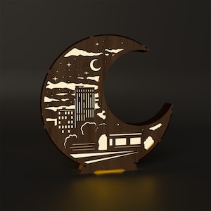 Decoratieve maan nachtlampje lamp laser gesneden SVG-bestand Glowforge maan tafellamp SVG-bestand DXF houten maan lantaarn vector plan patroon