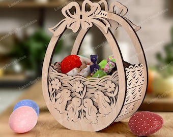 Bunny Egg Basket Laser Cut SVG Bow Handle Easter Treat Decor