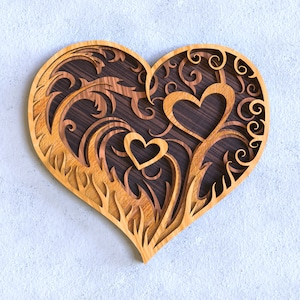 Modèle de svg 3D mandala multicouche découpé au laser amour coeur Glowforge 3D multicouche mur en bois art amour arbre dxf coupe plan téléchargement numérique