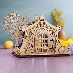 Osterhase Haus Kerzenhalter Laser cut svg Datei Glowforge Osterhasennachtlampe svg Ostern Tischdekoration dxf cnc vektormuster