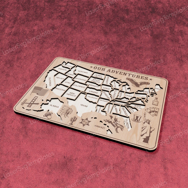 May include: A wooden map of the United States with each state outlined and labeled. The map is designed to be a puzzle with each state a separate piece. The map is decorated with icons representing each state, such as a cowboy hat for Texas, a palm tree for Florida, and a Statue of Liberty for New York. The map is titled "Our Adventures".