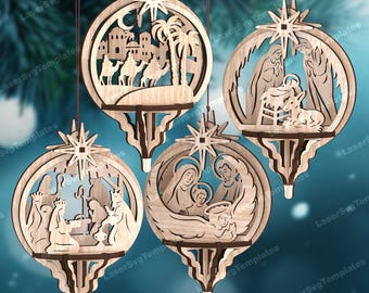3D Nativity Globe 4 Ornaments laser cut svg file Glowforge Nativity bauble ornaments svg Christmas ornaments dxf template Christmas laser