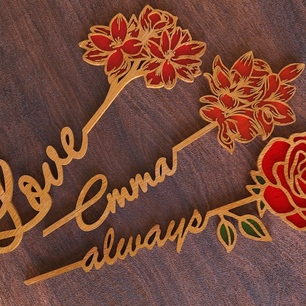 Laser cut wooden rose flower bundle svg file Glowforge personalized name flower dxf vector laser cut out template pattern cnc plan