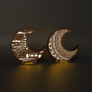 Modello in formato SVG della lampada della luce notturna della luna tagliata al laser Lampada da tavolo decorativa della luna di Glowforge file in formato SVG DXF Modello del piano vettoriale della lanterna della luna in legno