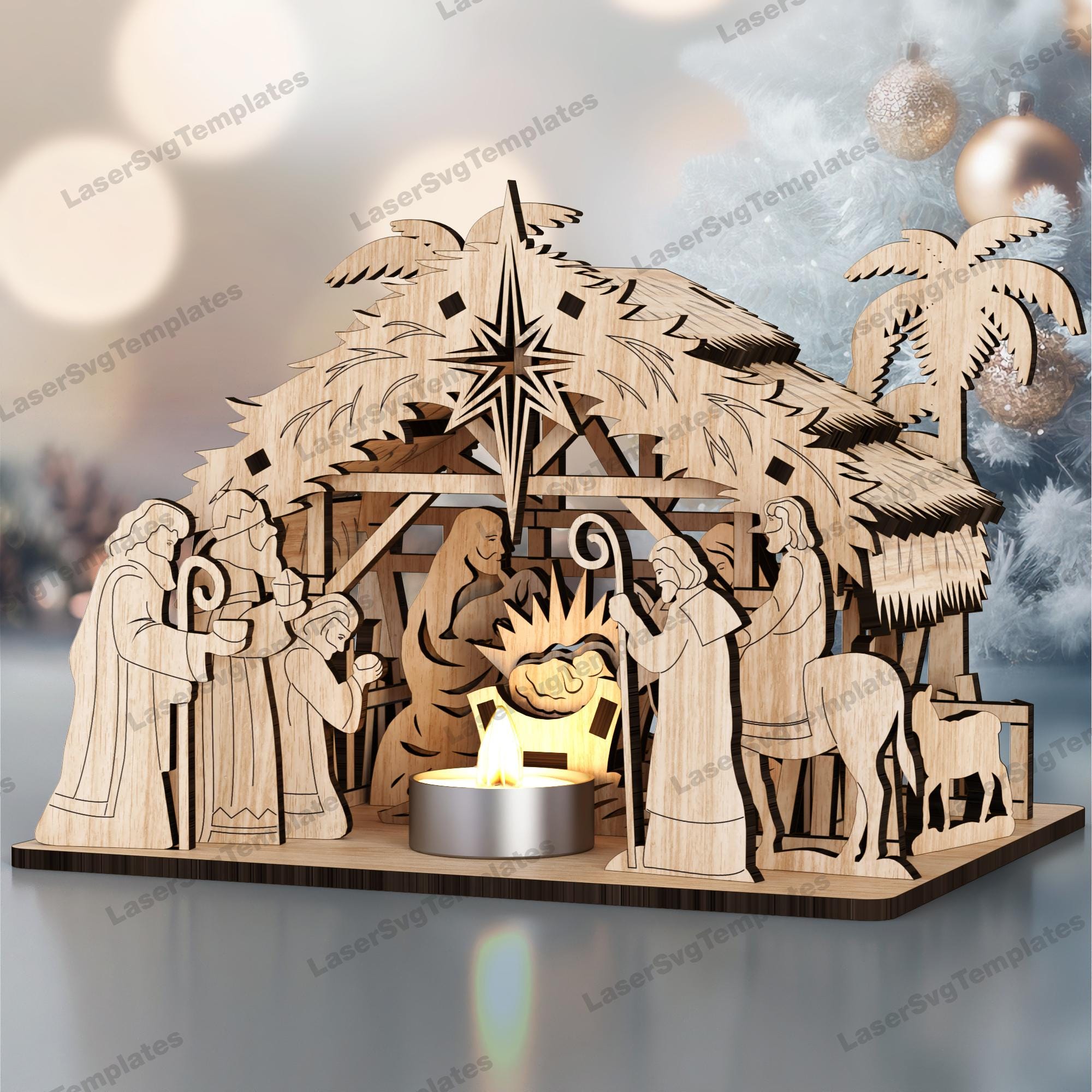 Crèche De Noël Lumineuse En Bois - Petite Décoration 26,5 X 19 Cm - Ambiance Chaleureuse Pour Fêtes
