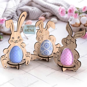 Paquete de 3 soportes para huevos de conejo de Pascua, archivo svg cortado con láser, paquete de soportes para huevos Glowforge, plantilla vectorial dxf cnc para soporte de huevos de Pascua