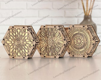 Hexagon mandala candle holder laser cut svg file Glowforge table night lamp cnc vector Lantern laser dxf cnc Candle holder laser cut file