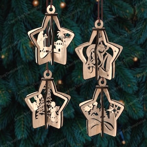 Laser cut 3D Nativity Star ornaments 4 bundle svg file Glowforge Christmas bauble ornaments tree decoration svg vector Nativity  balls dxf