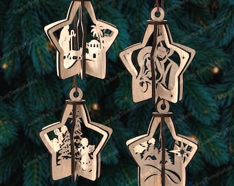Laser cut 3D Nativity Star ornaments 4 bundle svg file Glowforge Christmas bauble ornaments tree decoration svg vector Nativity  balls dxf