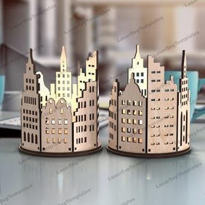 Stadt Kerzenhalter Lampe Laser-Schnitt svg Datei Glowforge Holz Teelicht Kerzenhalter Kerzenhalter DXF-Vorlage Tischlampe Laser-Schnitt