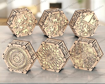 6 Hexagon Tealight SVG Bundle Laser Cut Candle Holder Mandala Floral Lantern Decor