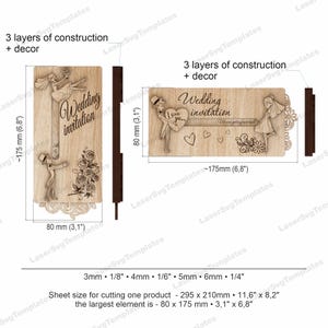 May include: Laser-cut wooden wedding invitation with a bride and groom design. The invitation is approximately 6.8 inches long and 3.1 inches wide. The text on the invitation reads "Wedding invitation".