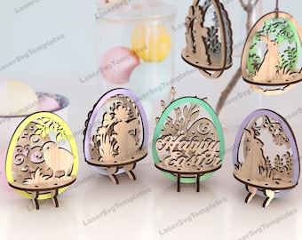 3D Easter bunny egg ornaments laser cut svg file Glowforge 3D Easter ornaments decor svg Easter ornaments dxf vector Easter egg laser file