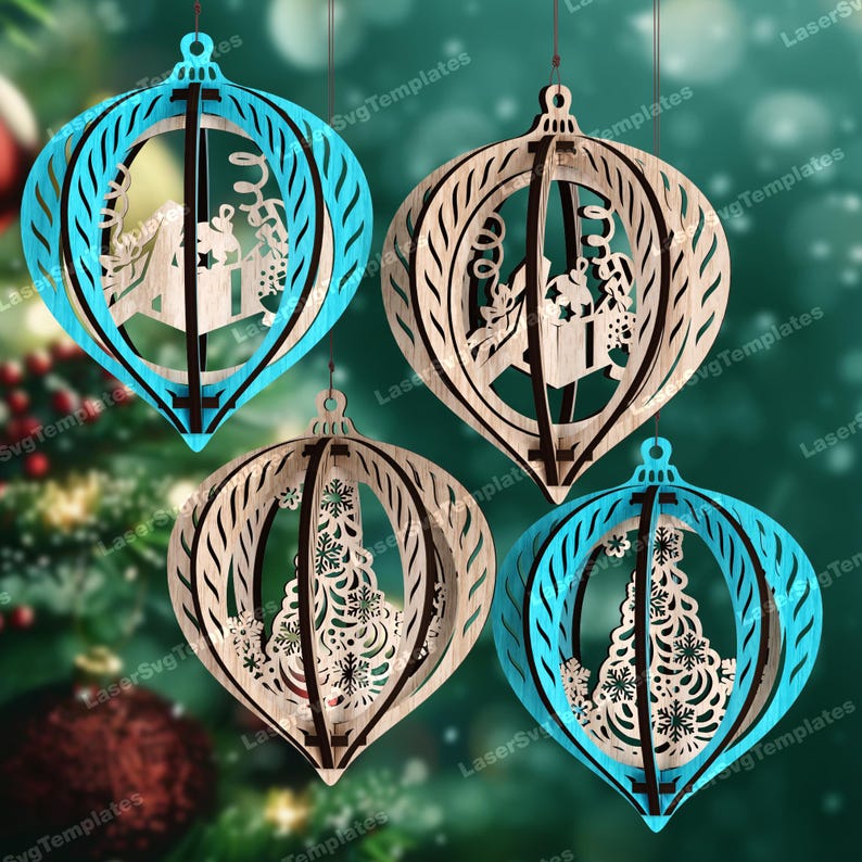 8 Christmas Ornament SVG Laser Cut 3D Bauble Nativity Angel Tree Decor ...