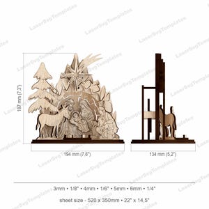 May include: Laser-cut wooden nativity scene. The scene includes figures of Mary, Joseph, baby Jesus, and the three wise men, along with a donkey and a tree. The dimensions are 7.3 inches high and 7.6 inches wide.