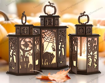 Photophore Halloween bougie chauffe-plat SVG Lanterne découpée au laser citrouille araignée lampe effrayante