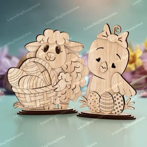 Archivo svg cortado con láser para decoración de mesa de Pascua, oveja y pollito de pie, plantilla de corte láser de conejito dxf para decoración de mesa de Pascua de Glowforge
