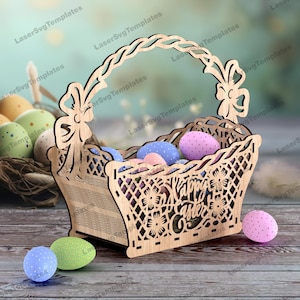 Laser cut Osterei Halter Korb svg Vorlage Glowforge dekorativer Ostern Geschenkkorb svg Ostereihalter Korb Muster dxf cnc Vektor