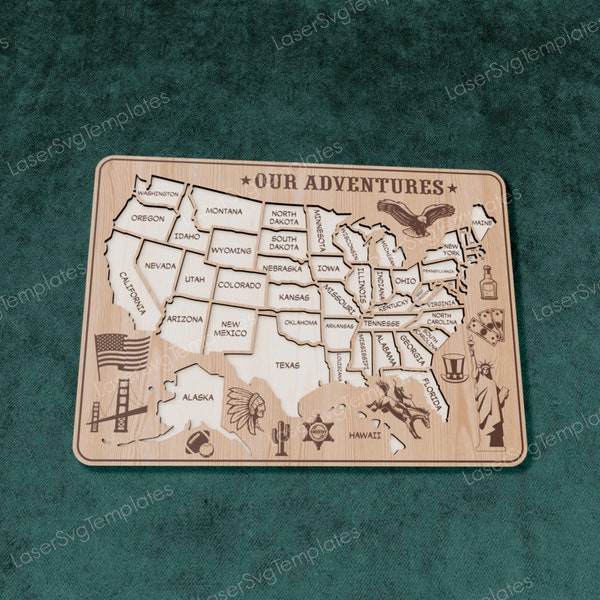 Multilayer United States travel map laser cut svg file Glowforge 3D multi layer wooden USA travel map American travel map dxf cnc vector