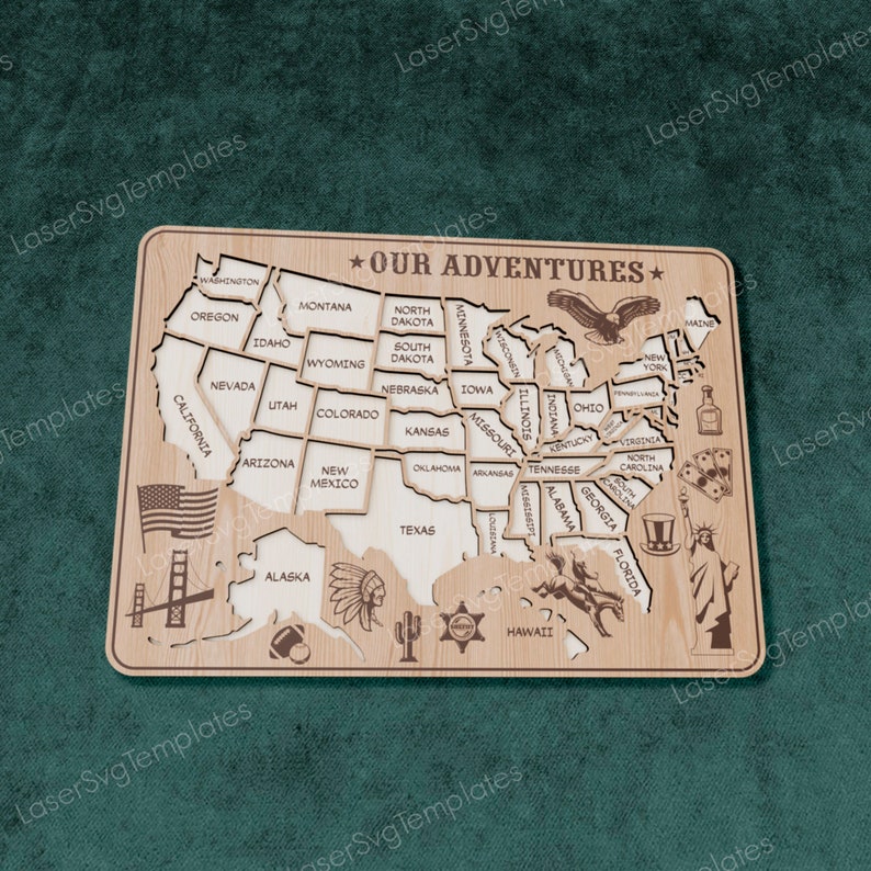 May include: A wooden map of the United States with each state outlined. The map is decorated with icons representing each state, such as a bald eagle for Washington D.C., a cowboy hat for Texas, and a palm tree for Florida. The map is titled "Our Adventures".