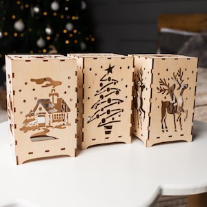 クリスマス オーナメント テーブル ランプ レーザー カット svg バンドル Glowforge テーブル ランプ svg cricut キャンドル ホルダー cnc ベクトル テンプレート 木製ランタン dxf