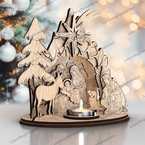 May include: A wooden Nativity scene with a star, tree, and figures of Mary, Joseph, and baby Jesus. A donkey, sheep, and kneeling shepherd are also depicted. A small candle holder is in the front.