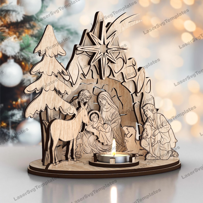May include: A wooden Nativity scene with a star, tree, and figures of Mary, Joseph, and baby Jesus. A donkey, sheep, and kneeling shepherd are also depicted. A small candle holder is in the front.