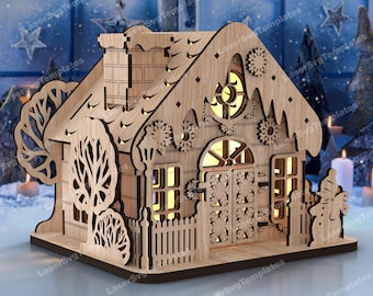 3D Christmas Cottage Candle Holder SVG Laser Cut Lighted Winter House Lantern