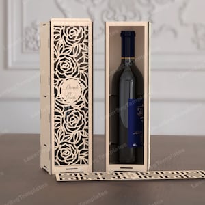 Drewniana butelka wina prezent pudełko pakiet laserowo wycinane plik SVG Glowforge butelka pudełko upominkowe uchwyt SVG Cricut Pudełko wzór DXF szablon wektor cnc zdjęcie 4