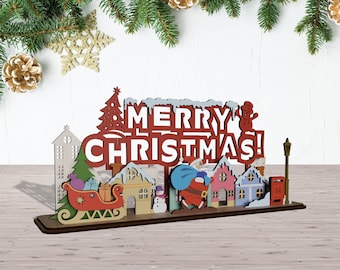 Standing Merry Christmas Sign SVG Laser Cut Multilayer Village Scene Table Decor