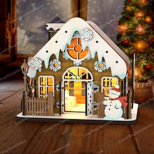 Lampada da tavolo natalizia con scena di casa tagliata al laser file svg Glowforge miniature natalizie svg decorazione lampada da tavolo natalizia dxf modello vettoriale cnc