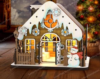 3D Christmas Cottage Candle Holder SVG Laser Cut Lighted Winter House Lantern