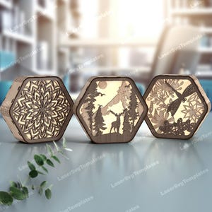 Lámpara de noche hexagonal, juego de 3, archivo SVG cortado con láser Lámpara de mesa hexagonal de madera Glowforge, plantilla DXF de linterna de madera Lámpara de noche cortada con láser