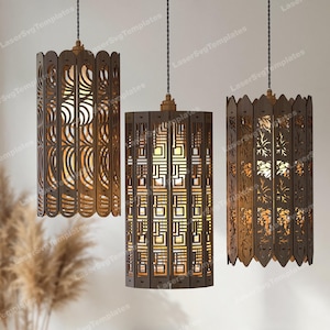 Dekoracyjny żyrandol wiszący 3 wiązki laserowo wycinane pliki svg Klosz lampy wiszącej Glowforge DXF Szablon drewnianej lampy Plik laserowo wycinany żyrandol