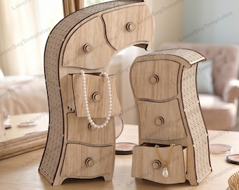 May include: Two wooden jewelry boxes with curved designs and multiple drawers. The larger box has a pearl necklace hanging from a drawer, while the smaller box has a gold necklace with a pendant. The boxes are on a light-colored wooden surface.