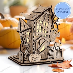 Halloween spökhus ljusstake SVG laserskuren 3D kuslig lykta