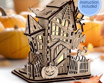 Halloween Haunted House Candle Holder SVG Laser Cut 3D Spooky Lantern