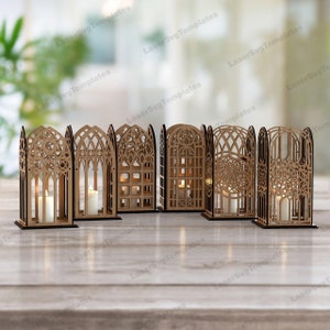 レーザーカット木製テーブルランプ 6 バンドル SVG テンプレート Glowforge キャンドルホルダー バンドル SVG Cricut テーブルランプ モダン ランタン DXF CNC ベクトル パターン