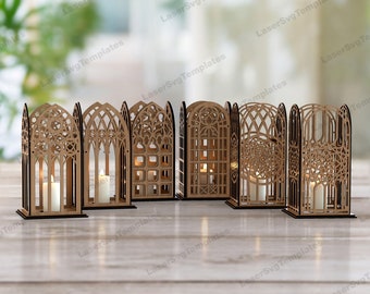 6 lanterne ad arco di cattedrale tagliate al laser SVG Portacandele per lumini