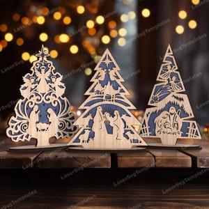 Ornamenti per l'albero della Natività in piedi, file in formato SVG tagliato al laser, decorazioni da tavola per la Natività Glowforge, modello vettoriale DXF per decorazioni da tavola per l'albero di Natale