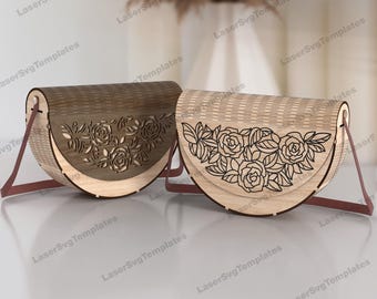 Könnte beinhalten: Zwei Holztaschen mit Blumendesigns. Die Taschen sind aus hellbraunem Holz und haben einen braunen Lederriemen.