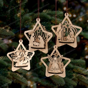 Pacchetto di ornamenti a forma di stella della natività 3D, file in formato SVG tagliato al laser, ornamenti di palline di Natale Glowforge, decorazioni per l'albero di Natale, vettore di palline di Natale in formato DXF