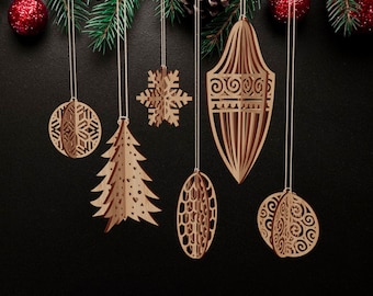 Laser cut wooden Christmas tree ornaments ball svg 6 set Glowforge Christmas bauble ornaments tree decororation svg cricut Christmas dxf