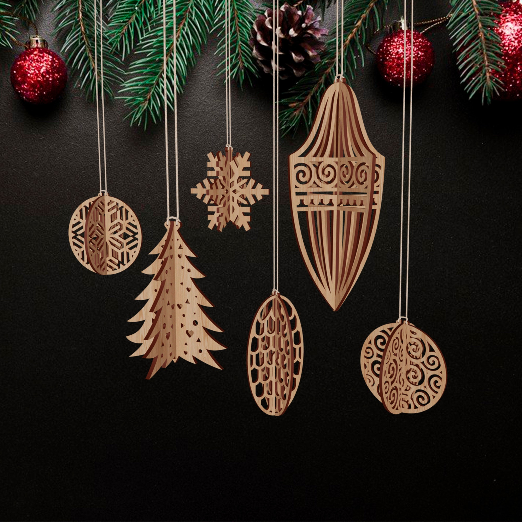 Laser Cut Wooden Christmas Tree Ornaments Ball Svg 6 Set Glowforge