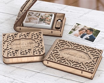 May include: Wooden wedding keepsake boxes with intricate floral designs. One box is open, revealing photos and a USB drive. Two other boxes are closed, each with a personalized name and date. A photo of a couple is also present.