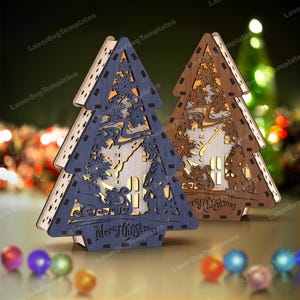 Lámpara de mesa con árbol de Papá Noel de Navidad cortada con láser, archivo svg Lámpara de mesa de noche de Navidad Glowforge svg Linterna de Navidad dxf plantilla vectorial cnc