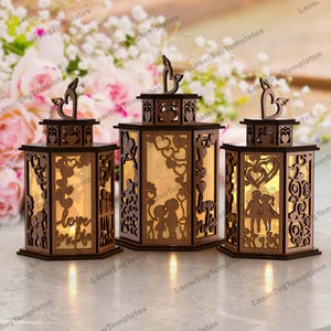 Saint-Valentin amour romantique table veilleuse lanterne découpé au laser fichier svg Glowforge coeur en bois photophore lanterne svg amour bougeoir dxf cnc