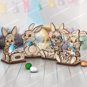 Arquivo SVG para corte a laser com 4 suportes para ovos de Páscoa em formato de coelho, pacote de suportes para ovos Glowforge em formato SVG, modelo DXF para CNC e suporte para ovos de Páscoa.